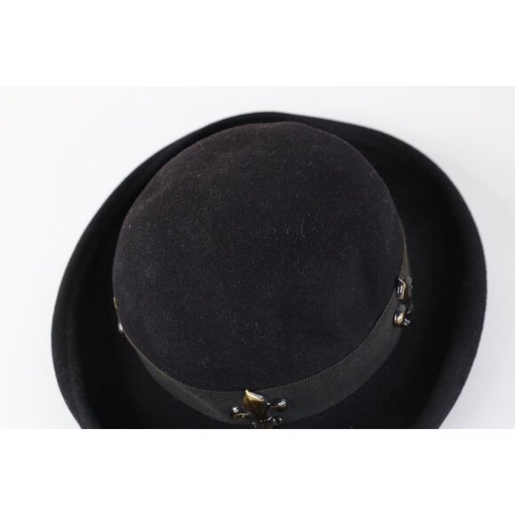 Vintage 90s Express Felt Wool Fleur de Lis Boho Chic Hat Cap Black Womens 23\
